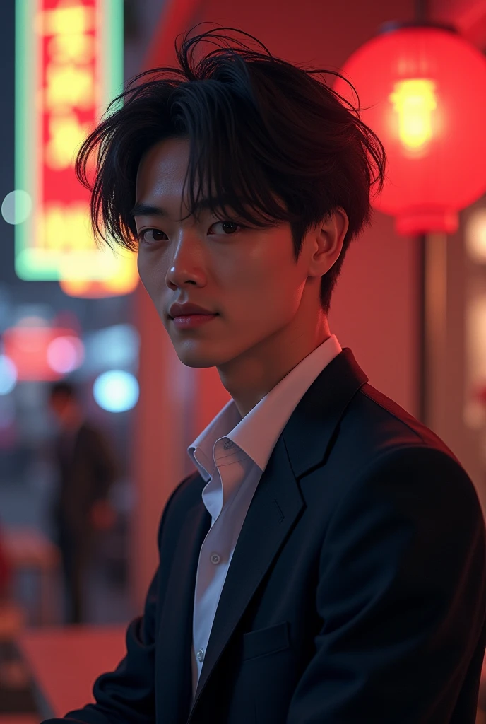 There was a young man sitting at a table,holding cell phone, Chinese actor, 2 8 years old, Inspired by Dunlen
