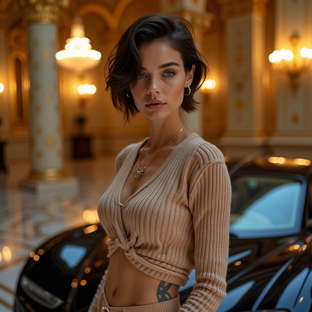 Top Quality, Masterpiece, High Resolution, 8k, (((skinny tanned girl in oversized silky shirt with bare back and hot pants, wide neckline, small perky breasts, beautiful detailed eyes, no lipstick, extremely detailed face, pixie asymmetrical hair cut, small hips, in a dungeon)))