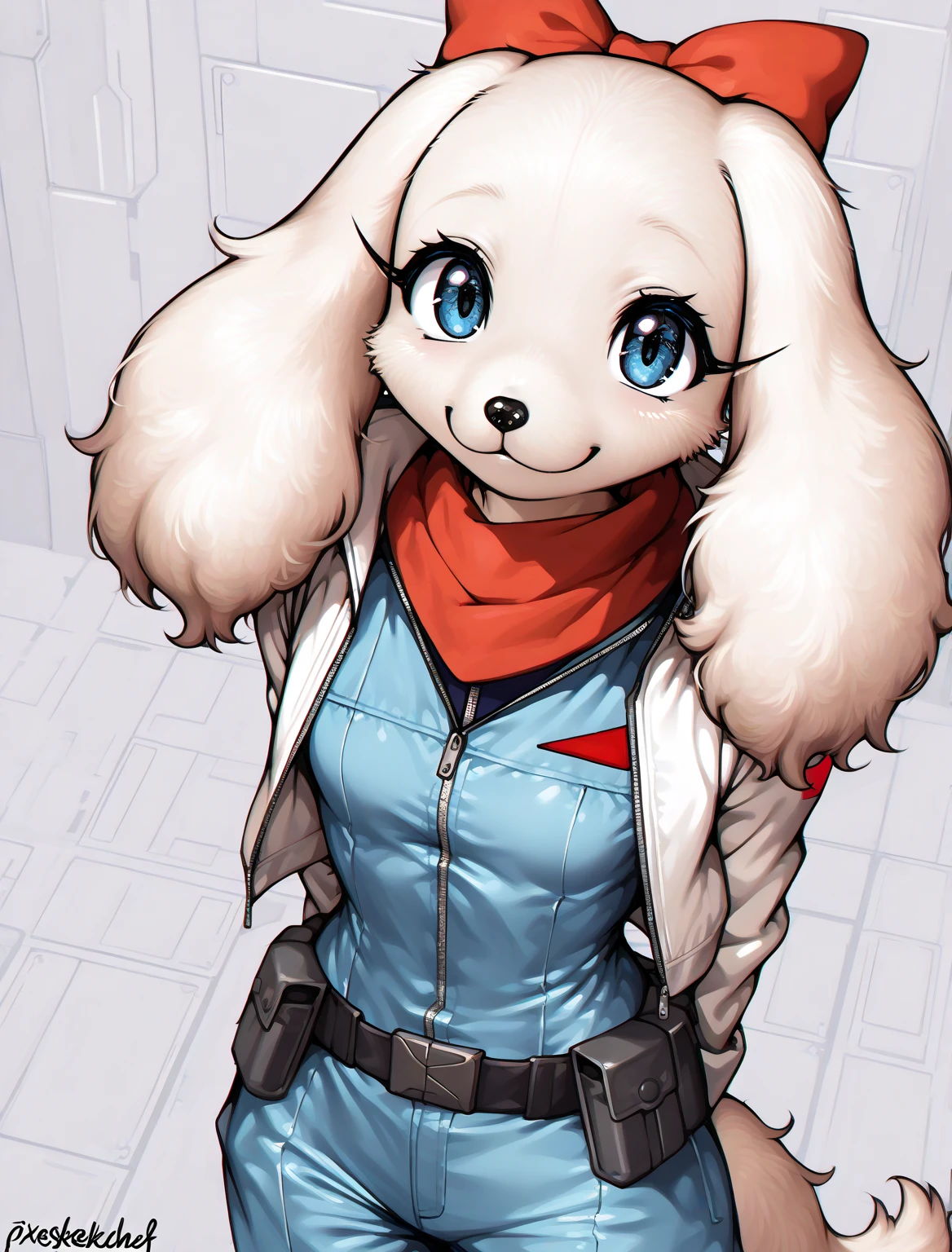 ((Fay Spaniel)), ((Starfox)), ((pixesketcher)), ((masterpiece)), ((high resolution)), ((cartoon style)), ((solo portrait)) {(attractive figure), (toned body), (slim waist), (white fur), (black nose), (floppy dog ears), (cute blue eyes), (long eyelashes), (cute smile)}, {(cyan jumpsuit), (white jacket), (red scarf), (utility belt), (giant red bow)}, {(looking at viewer)}, ((military base))