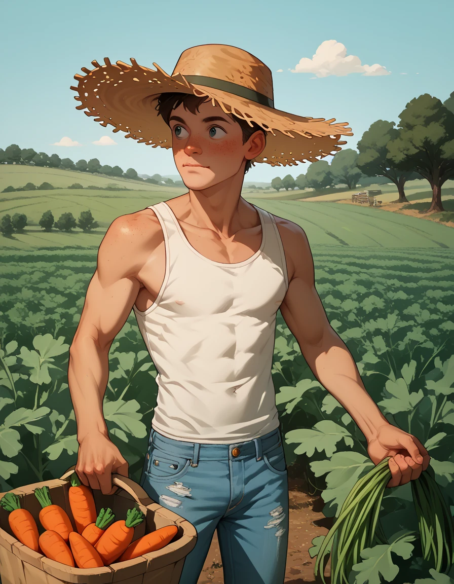 1 solo boy 17yo slim, farmer, ribeted tanktop, frayed short jeans, harvesting carrots, on carrots plantation, straw hat