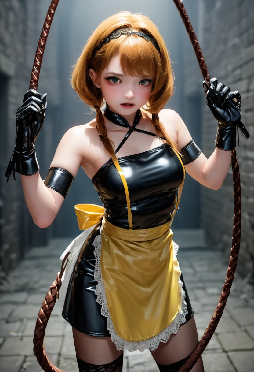 ultra,  The highest quality image ,  artistic masterpiece.  The Japanese-looking girl ,  heavenly beauty , 18+. arrogant, very angry, dissatisfied. copper hair , black maid headband:1.2,(((Yellow latex lace apron :1.2))),   Black lace latex dress :1.2,  black lace latex skirt :1.2,  black latex stockings :1.2,  black latex gloves:1.2,  Standing in a dark ,  raw dungeon ,holds a weapon not long whip :1.2 , whip ping:1.2, cutting:1.2 ,not long whip:1.2, fighting stance,((( not long whipping:1.2, motion blur:1.2 , path of motion:1.2 ))), arms outstretched:1.2 , doyagao , входящий vertical whip:1.2 , incoming horizontal whip:1.2