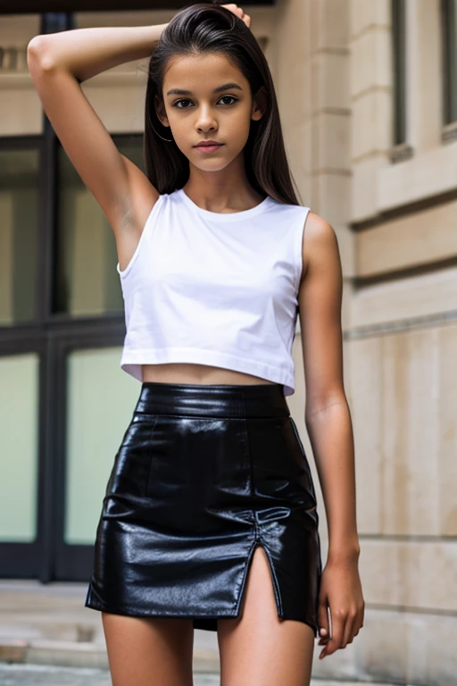 (tween Fitspiration model), skinny, thin, slim, lean, slender, nubile, posing for picture, natural lighting, armpits, perfect lips, young, youthful, teen, teenager, leather pencil skirt, white t-shirt, black shiny puffer jacket.