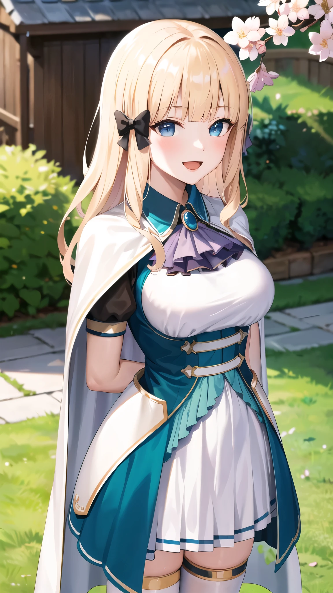 masterpiece, best quality, highres, aasaren, long hair, blonde hair, hair bow, black bow, hair ornament, blunt bangs, pointy ears, large breasts, brooch, white cape, aqua dress, underbust, short sleeves, white gloves, white skirt, frilled skirt, white thighhighs, arms behind back, smile, open mouth, leaning forward, standing, outdoors, cherry blossoms,