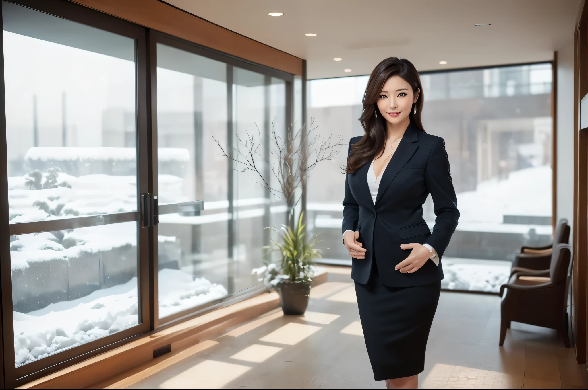 (a ,woman, brunette,35 years old,tall,black hair,successful entrepreneur),[portrait],(best quality,ultra-detailed,realistic),(vivid colors,studio lighting),[painting style],[confident expression],[business attire],[modern office],[city skyline]
