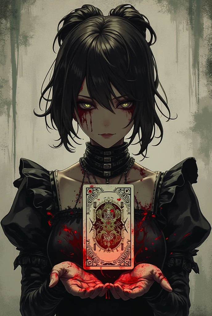 Poster image with a girl, woman, dark brown hair collected in a short high tail. gray eyes. Ancient and bloody vintage clothes. His skin is pale and blood-stained bandages on his body. Holds a bloody deck. 2D anime style. female character. Character design.