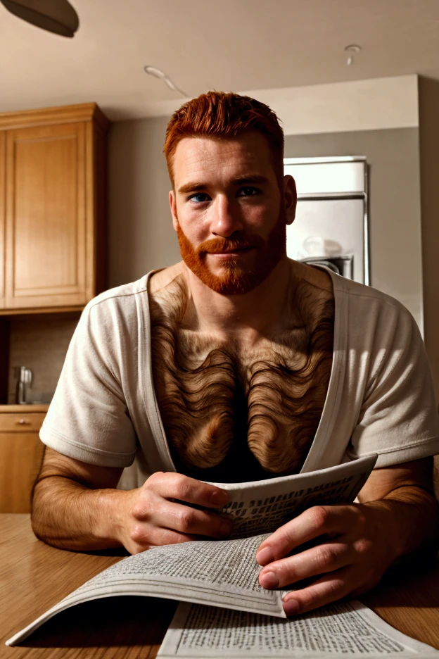 masterpiece, best quality, 35 year-old redhead stud with a beautiful face, smirk, reading newspaper over breakfast, shirtless, kitchen, 1950s style, large pecs, very hairy chest, (hairy chest:1.3), sideburns, dimpled chin, looking at camera, calm look, unashamed over his state of undress, modern architecture, open plan dining area, high quality lighting, light particles, depth of field, portrait