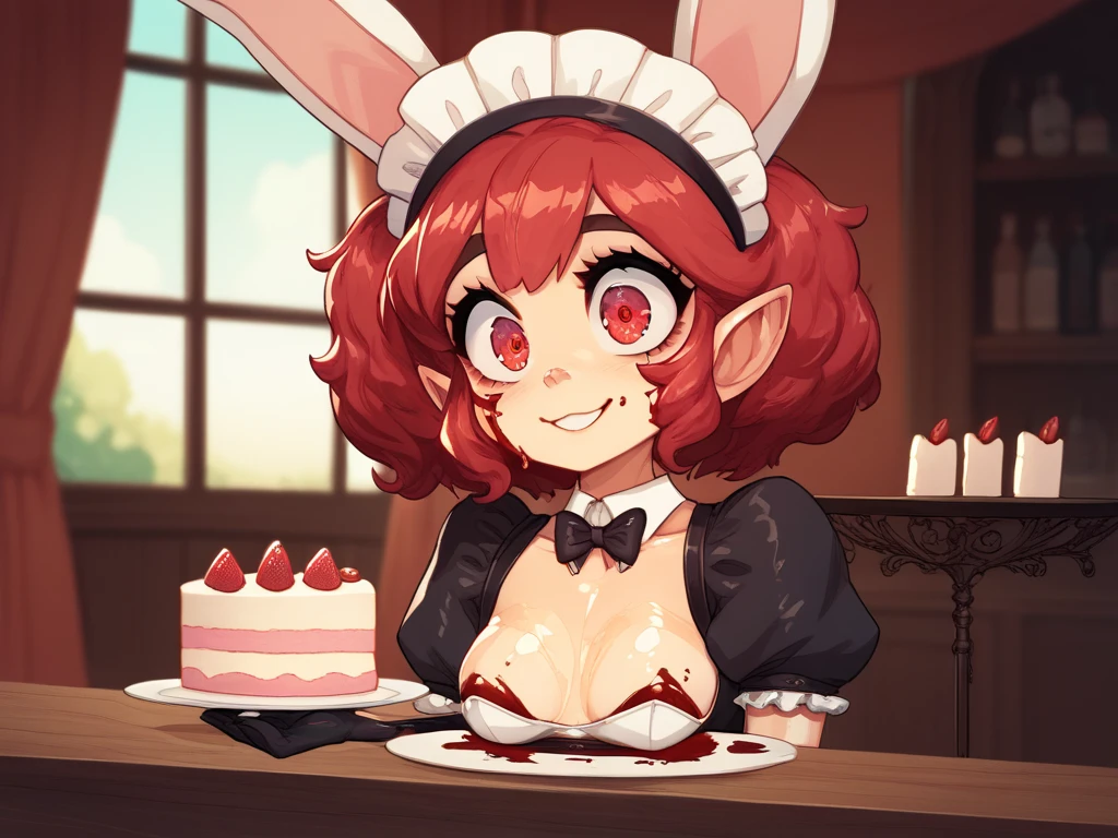  score_9, score_8_up, score_7_up, score_6_up, score_5_up, score_4_up, (source_anime),  1girl, small chest, smile, beautiful face, red hair, red eyes, beautiful eyes, fixed, face fixed, eyes fixed mouth, maid outfit, cake, bloody, bunny ears, top hat, sitting in Coffey shop, waist up, oiled breasts, gummybears