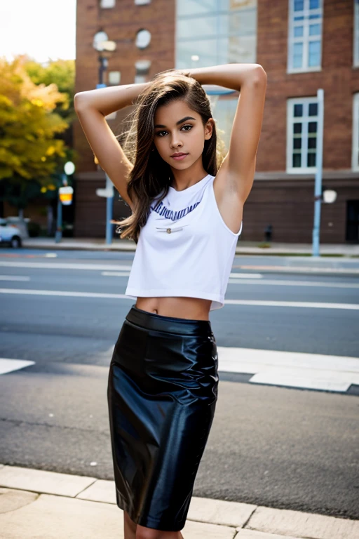 (tween Fitspiration model), skinny, thin, slim, lean, slender, nubile, posing for picture, natural lighting, armpits, perfect lips, young, youthful, teen, teenager, leather pencil skirt, white t-shirt, black shiny puffer jacket, Gold sneakers.