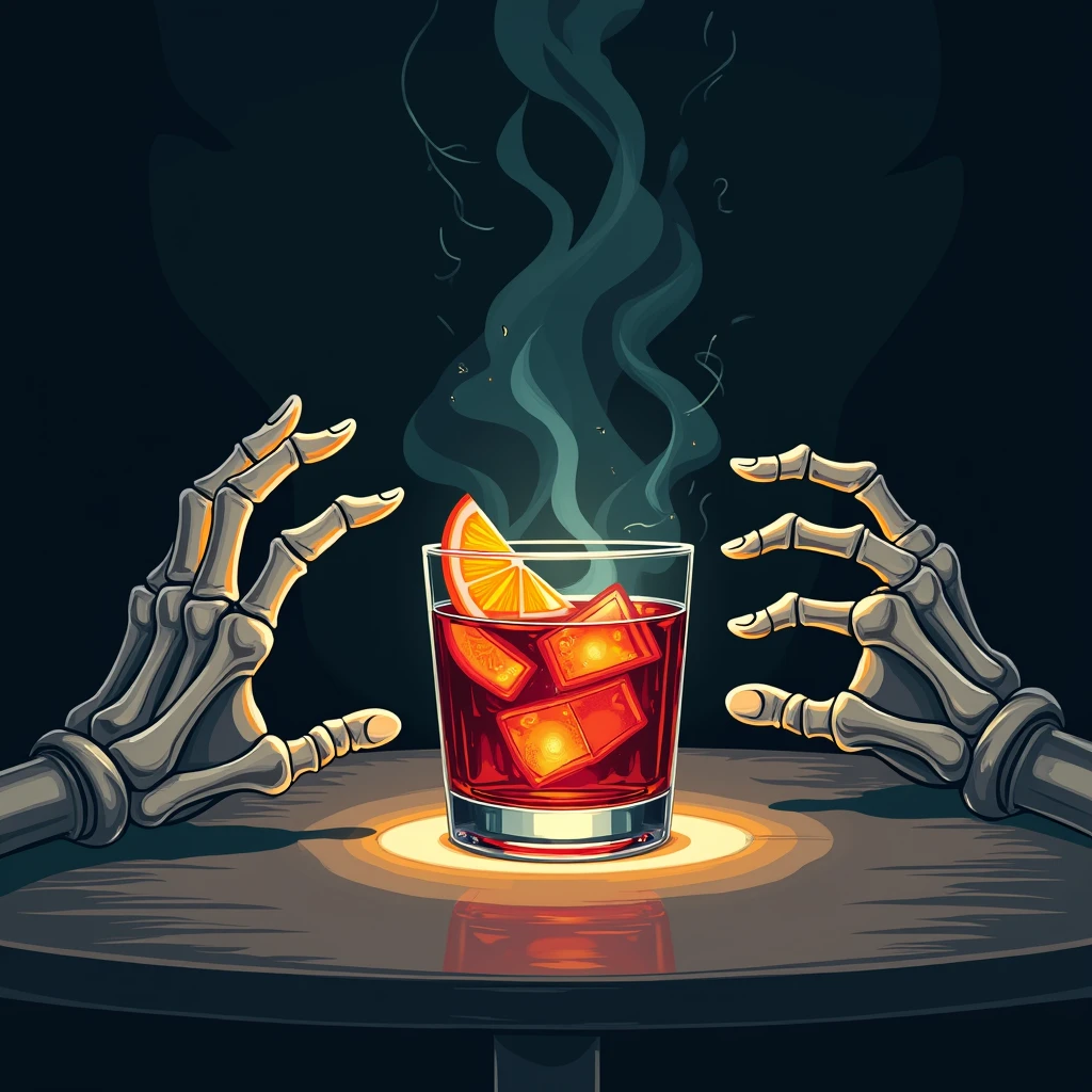 The Negroni-style drink, served in a whiskey glass with ice cubes, emits a faint mist or magical aura surrounding the glass, and the orange slice subtly glows in the darkness. The skeletal hands, making conversation gestures, are illuminated by an ethereal light casting dramatic shadows on the table, while the supernatural atmosphere flows abstractly around them. All in a graphic minimalist style, with flat colors emphasizing the key details of the drink and the surroundings. comic style