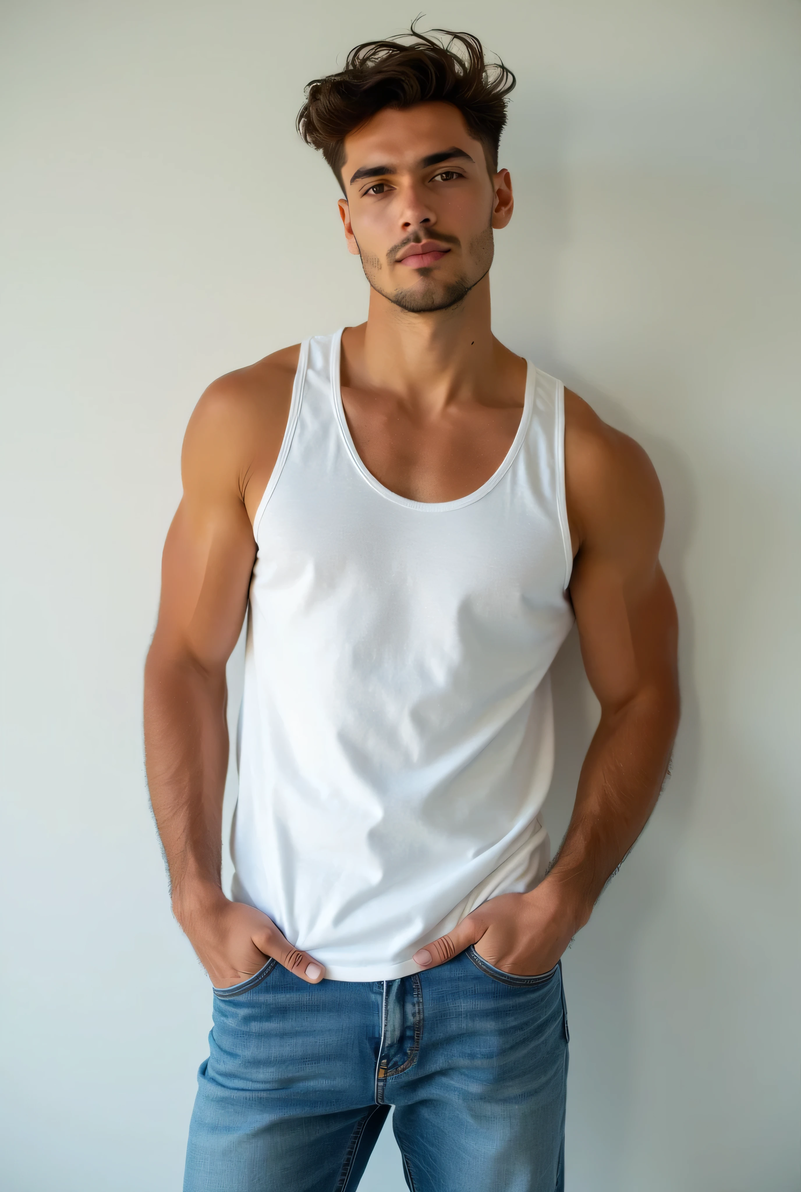 (ultra-high-resolution 8k, best quality, photo realistic:1.4) profile photo, BREAK american, (man), athlete, caucasian, 28years old, (buzz cut:1.2), square face, black and small eyes, stern eyes, thick and straight eyebrows, snub nose, plump lips, have distinct facial features, BREAK looking straight ahead, upper torso shot capturing his intense gaze, BREAK (muscular body), single eyelid, closed mouth and , Well-balanced face, wearing white no-sleeve top, exuding the vibe of a fashion model with a neutral, serious expression, BREAK