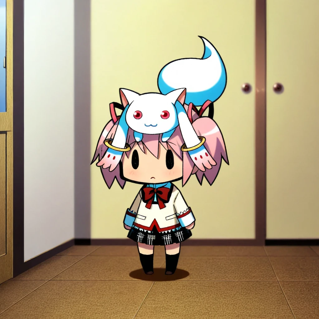 1girl\(madoka kaname\(madoka magica\) standing, from front, Kyubey on the head,chibi,full body,school uniform\),masterpiece,best quality,at madoka's room