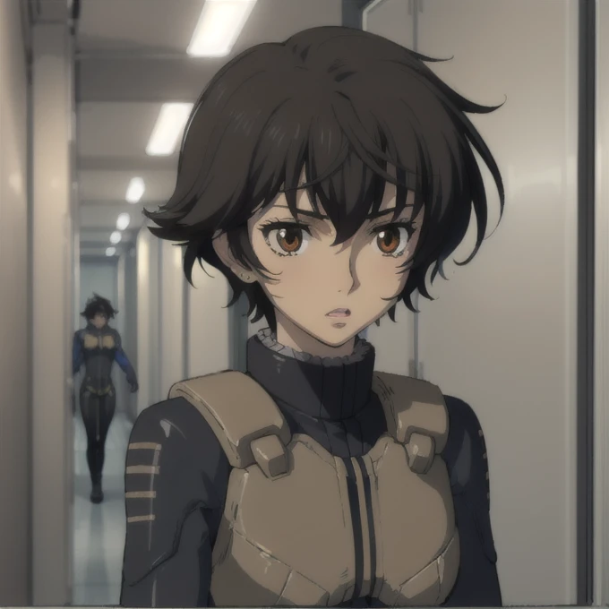 closed mouth,
(Female setsuna f. seiei():1.1),1girl,black hair,brown eyes, genderbender MtF
((Orange bodysuit)),
corridor, monitor,Lever,