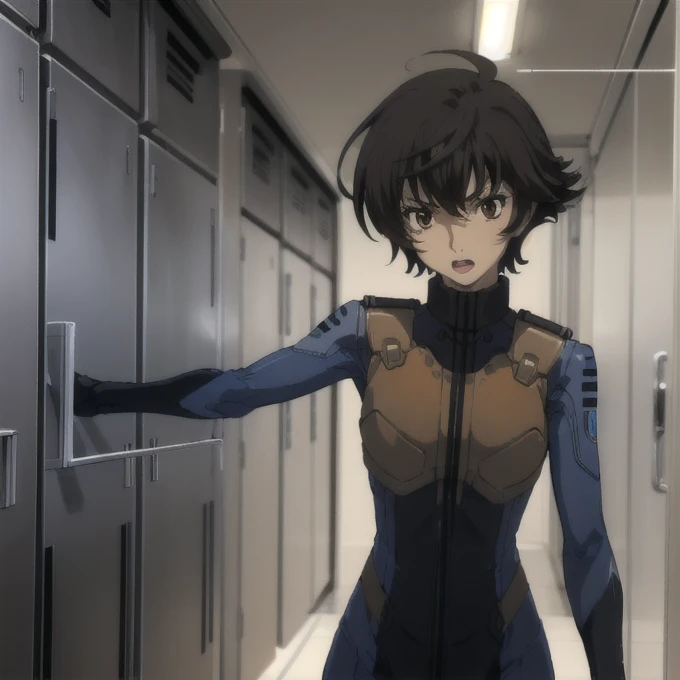 closed mouth,
(Female setsuna f. seiei():1.1),1girl,black hair,brown eyes, genderbender MtF
((Orange bodysuit)),
corridor, monitor,Lever,