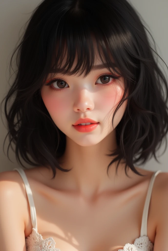 (photorealism:1.2), beautiful girl, . She has short, curly shoulder-length hair and a large bow in the back of her hair. Both cheeks are covered with hair. She has big breasts