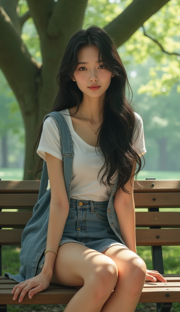 Top quality, masterpiece, ultra high definition, (Real: 1.4), Original photo, (Evening Street), 1 girl, black eyes, looking at the audience, long hair, thin makeup, lips, small ears, white T-shirt, denim shorts, (Realistic lighting, Best quality, 8K, Masterpiece: 1.3)), Clear focus: 1.2, 1girl, Beautiful woman in perfect shape: 1.4, (Outdoor, Beachfront: 1.1) , City Street, Super Fine Face, Fine Eyes, Double Eyelids, Big, Big,