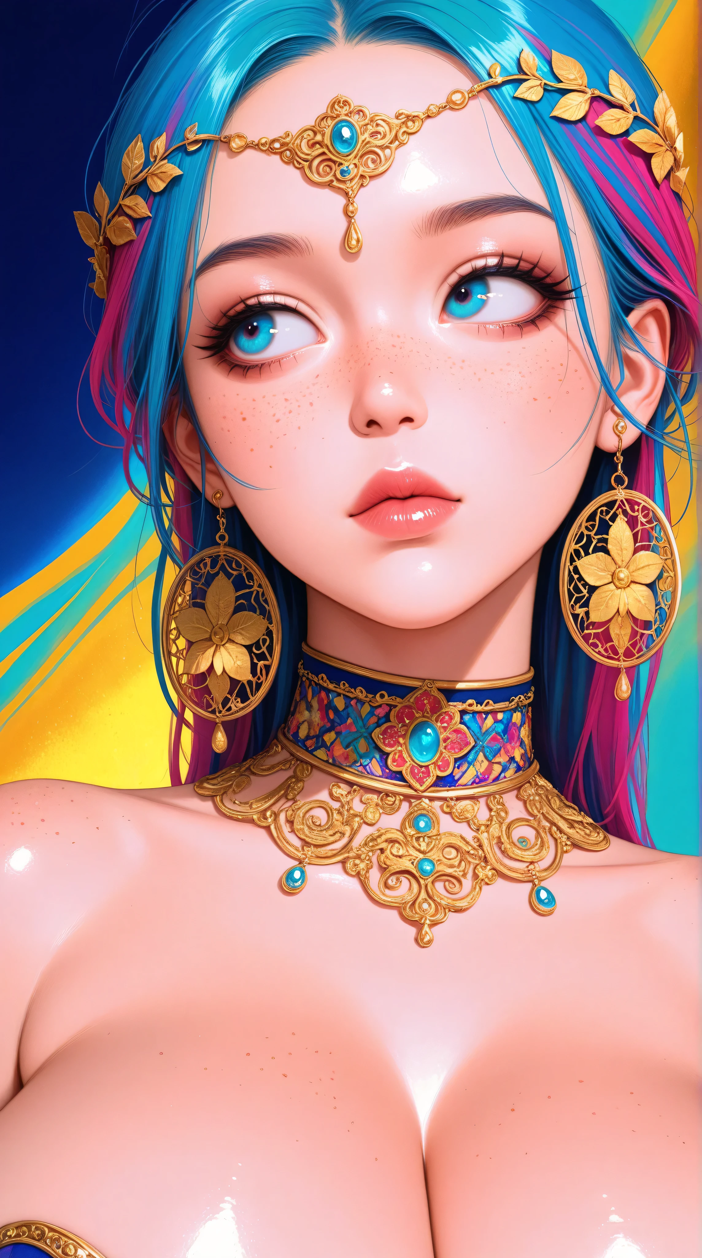 (pink, gold, and blue), colorful hair, vivid, minimalist, beautiful face, colorful goth girl, freckles, kizi, (eyes looking off to side), Highly detailed, Amazing work,Vitreous luster, blues, yellows, Best quality at best, huge breasts, cleavage, shiny skin, colorful background, navy blue background, burgundy background, gold background, close up, face portrait, eyes focus,