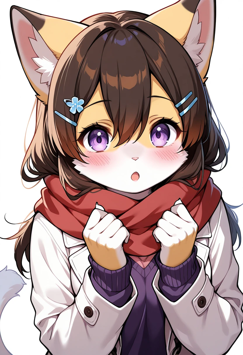 1girl, (furry, kemono:1.4), cat girl, animal nose, cat ears, cat tail, long hair, open mouth, blush, hair between eyes, brown hair, purple eyes, :o, scarf, hair ornament, hairclip, long sleeves, jacket, sweater, looking at viewer, coat, solo, upper body, white background, red scarf, hands up, white coat