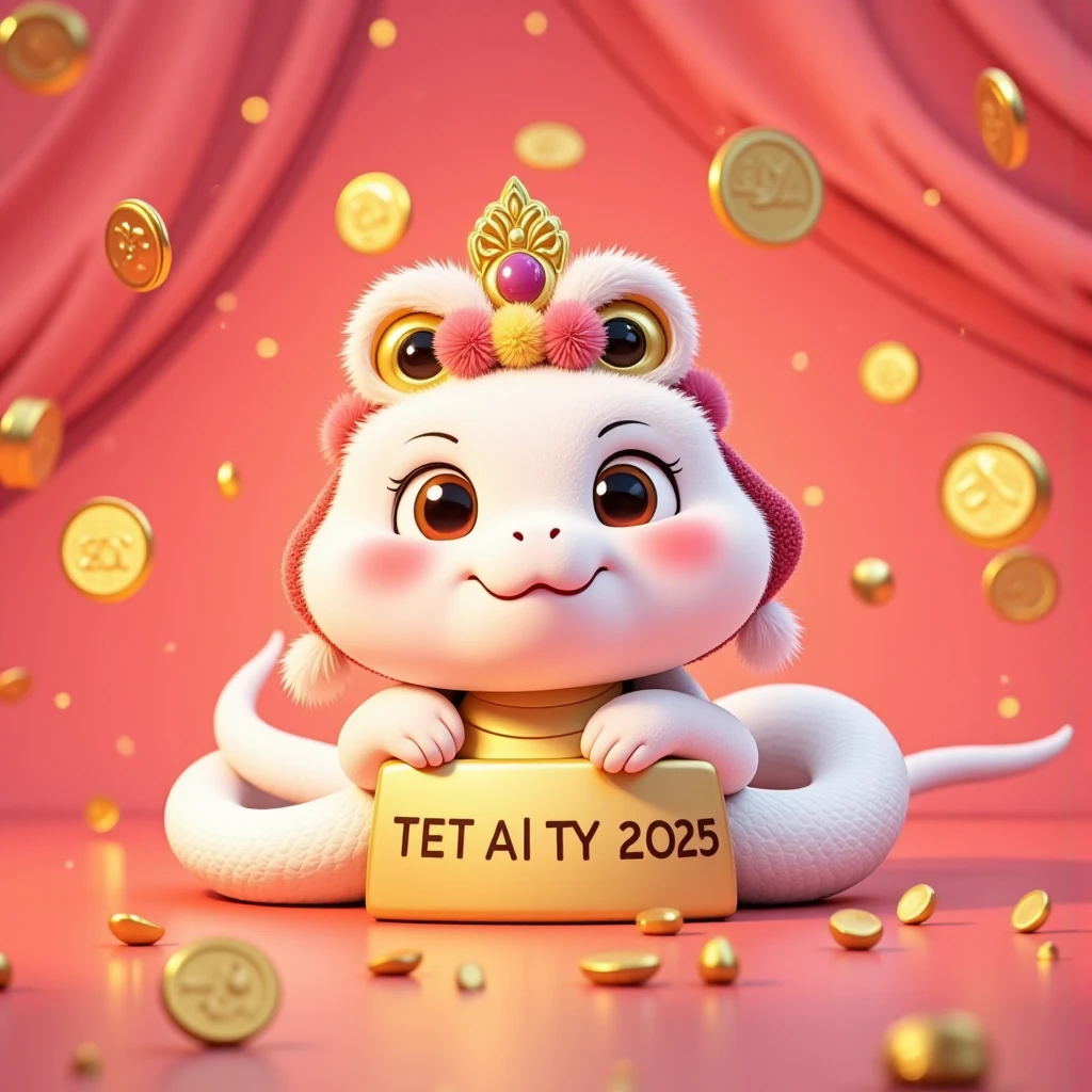 a cute snake, red background,gold coins rain, WORDS "TET AT TY 2025" on gold bar