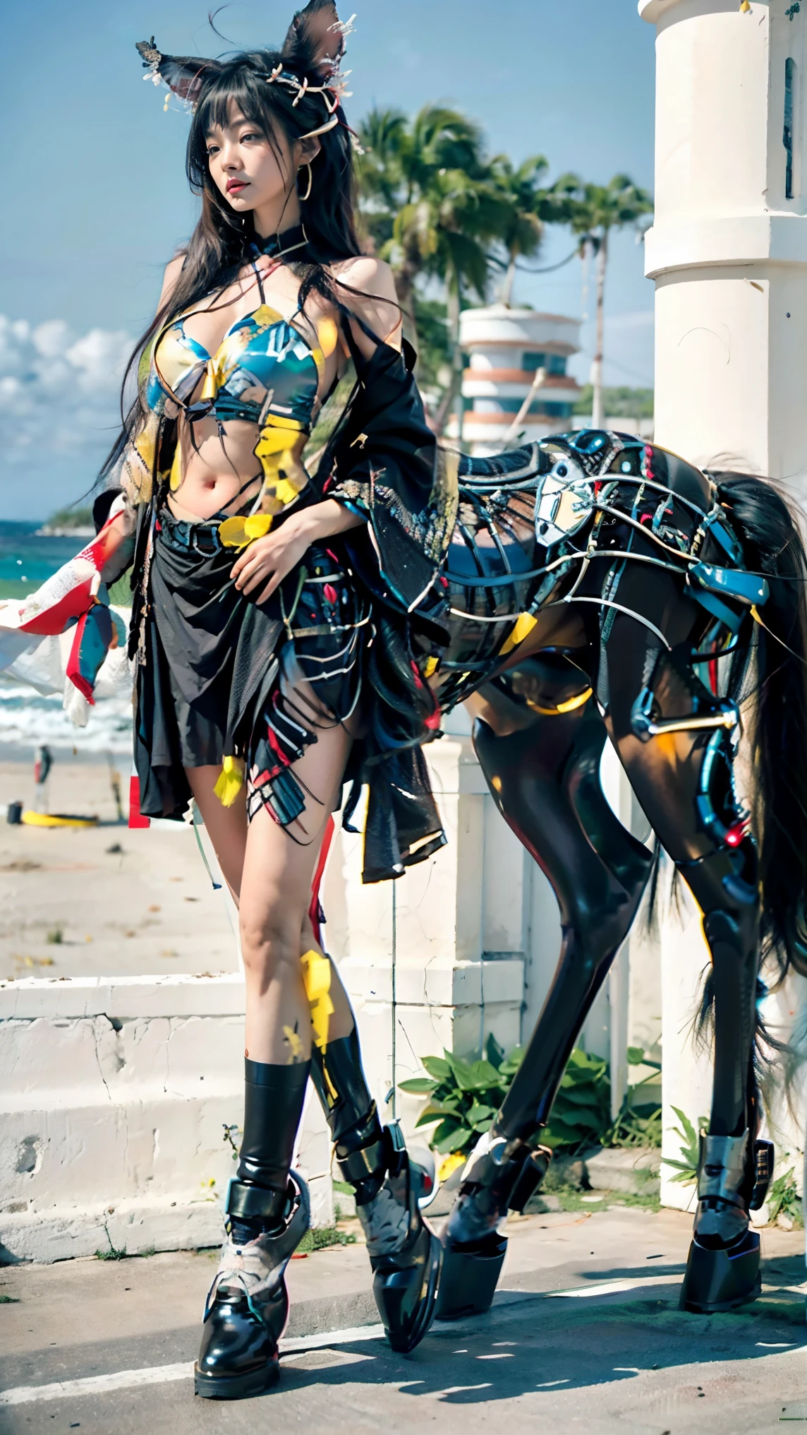 In the illustration of this super-grand scene,We enjoyed a fascinating sight,The various characteristics of the multiverse converge to fill the picture with brilliant colors。In this intoxicating scene,Our camera captured a mysterious(Centaur,Half man, half horse:1.875)Dancer,She was half-dressed,Graceful,Dance on the water。Her magic dance has many different styles of movements,And keep changing her clothing style,Blend in with the beauty of the surroundings,Adds an unpredictable charm to the whole scene。Dancer的舞蹈令人陶醉,Her rainbow cape flutters behind her like wings。This cape consists of different styles、color、Made from small parts of materials and styles,The extremely long train is gorgeous and elegant。Her dancing trajectory is accompanied by the glare effects of neon lights and magical stars,Blend in with your surroundings,Creates a stimulating atmosphere for the senses。Dancer拥有超高挑的身材和弧度超大的爆炸的曲线,Her body features are full of seductive sexiness。Her physical appearance includes::Mysterious K-cup Sizes(Super huge teardrop-shaped breasts:2.625)The bulge squeezes the tight plastic bra out of shape、Narrowed sternum and waist and abdomen、Charming face、Huge colored eyes of Carslan are troublesome and charming、Makeup、Slender neck、Beauty collarbone、Slender arms、Slender waist and abdomen、Round buttocks and slender long legs,Showcases attractive curves and lines。Use Midjourney's advanced brush tools、Color palettes and texture packs,我们为Dancer的面容、skin、Costumes and rainbow capes give intricate textures,增加了Reality的同时再次(Increase the super-giant teardrop chest contour multiple times and use optical effects to highlight the huge feeling:3.3),She also made her costume and cape blend different materials,Show a variety of styles,From evening gown、To the princess dress、Then to the light gauze dress、Or medical care、Ninja with Fishnet、and Urban Beauty,Full of creativity and fashion,It also makes the whole scene full of dreamy elements,There is an atmosphere of futuristic technology in the starry sky,There are towering cities in the ground,The floating bubbles are shining with neon runes,There are long beaches and small islands on the sea,Plants and fairy tale mythological scenes are intertwined,并让Dancer的舞姿与环境元素相互呼应,Creative。Through Midjourney's powerful tools,We approach it with incredible detail,Bring this grand and ethereal scene to life。整个插画充满了Reality和震撼力,是一幅具有Masterpiece quality和最佳质感的作品。Large wide angle,Ultra-telescopic lens, hdr,(Reality,Masterpiece quality,Best quality),