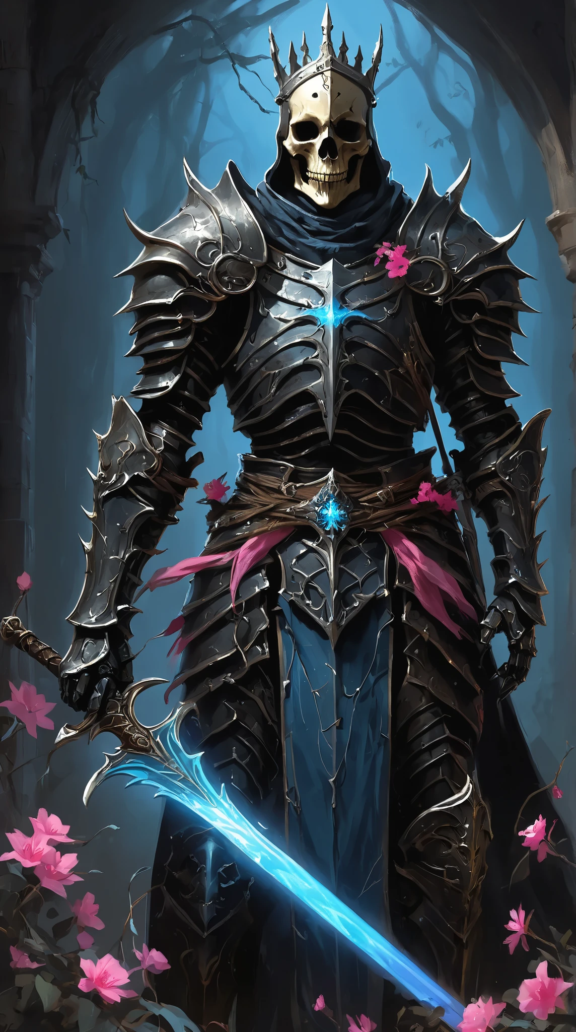 (concept art:1.3) of a skeletal knight, front view, {style of Marc Simonetti}, (game art), illustration, ribcage visible through tattered dark fabric, wearing blackened plate armor and a small crown of thorns on its skull, holding a sword with a glowing light blue blade, surrounded by stylized pink and blue flowering vines and thorny branches, (dramatic rim lighting) highlighting the bone structure and armor details, (dark fantasy art), cinematic, high-resolution image