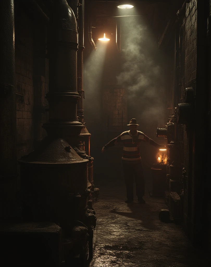 "An eerie, dimly lit boiler room with rusted pipes, glowing furnaces, and steam hissing from every corner. Shadows dance on the walls, and a faint silhouette of a man wearing a fedora and striped sweater lurks in the background, partially obscured by shadows."