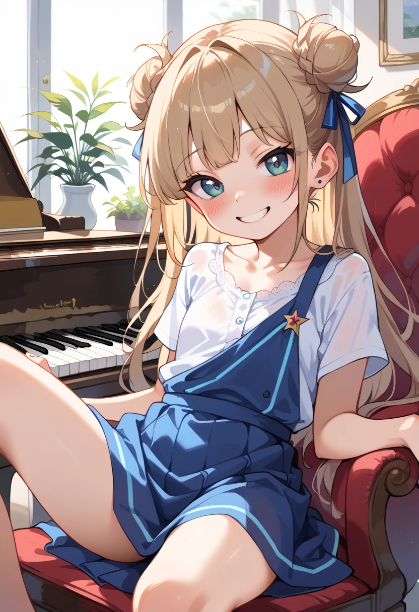 (( best quality )), ((masterpiece)), (be familiar with),  Perfect Face, indoor, bedroom,  Watching Viewers ,
One woman, I was,
開いた口,  ecstatic expression beside the piano, blush, smile,
 small tits,  flat chest, Young girl, Lori,  s,  girl,
 long hair,  twin bun hair ,
Leg spread,