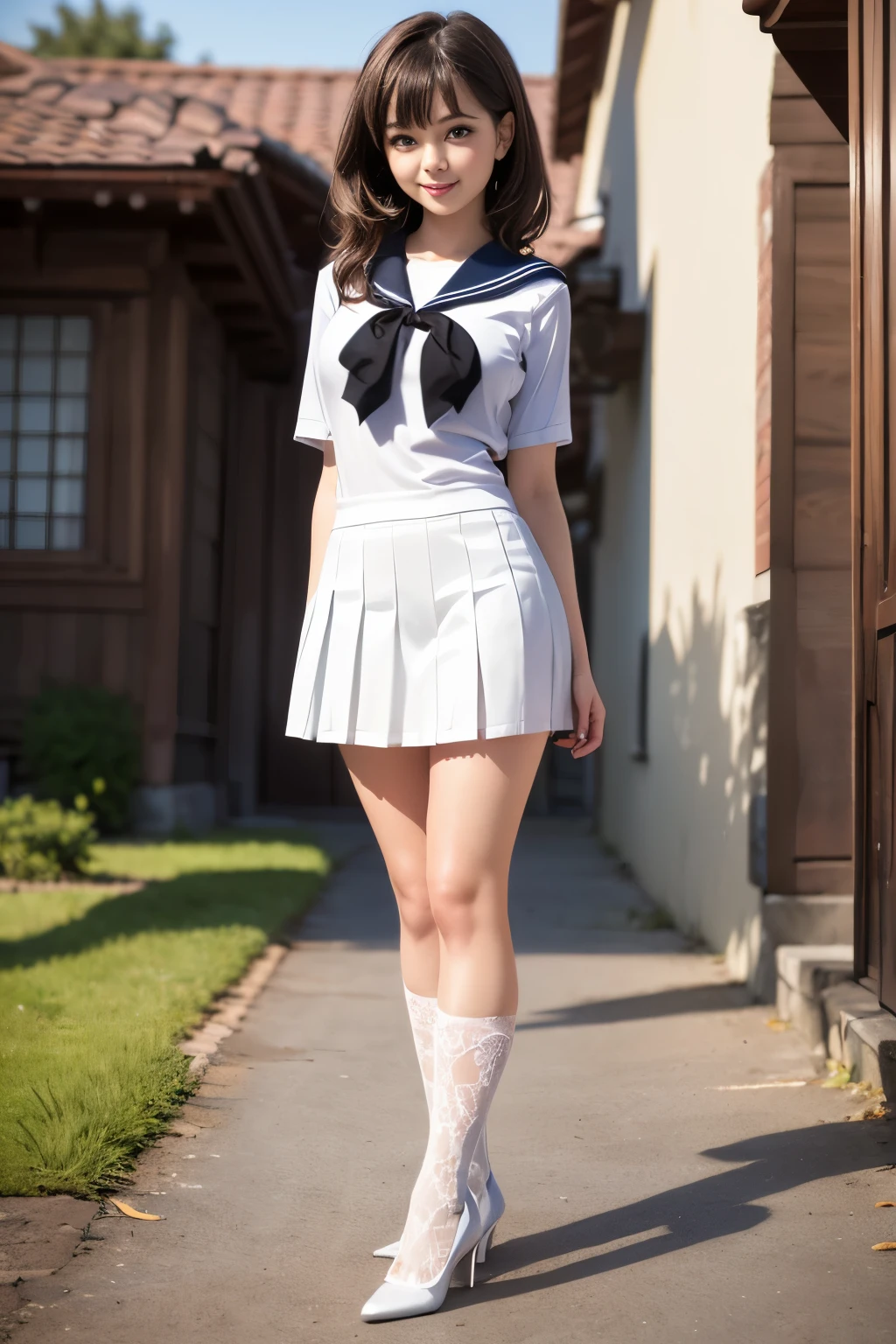Full Body Shot, daytime, masterpiece, One girl, Solo Exhibitions, Beautiful girl with (Huge breasts:1.1), (Huge erect nipple:0.9), (petite:0.9), Beautiful (1 Girl:loli:1.2) Portrait, Beautiful and elaborate face, Porcelain-like skin, (((Full Body Shot, center, daytime, Dark brown Hair, medium hair)), Very soft lighting, Full Shot, Symmetric, complicated, grace, Attention to detail, realism, art, concept art, White short sleeves Sailor Uniform, white pleated ultra high cut micro skirt, knee-high socks, white with lace trim, white pin high heels, Standing, Smiling to viewer, house front