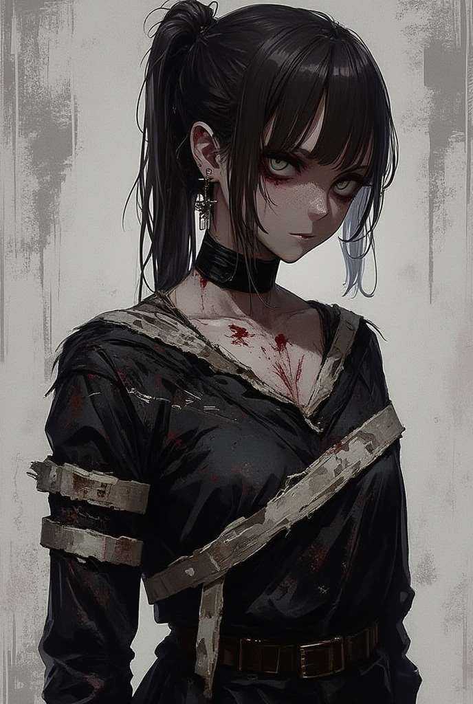 Poster image with a girl, woman, dark brown hair collected in a high tail. gray eyes. Ancient and bloody vintage clothes. His skin is pale and blood-stained bandages on his body. 2D anime style. female character. Character design.