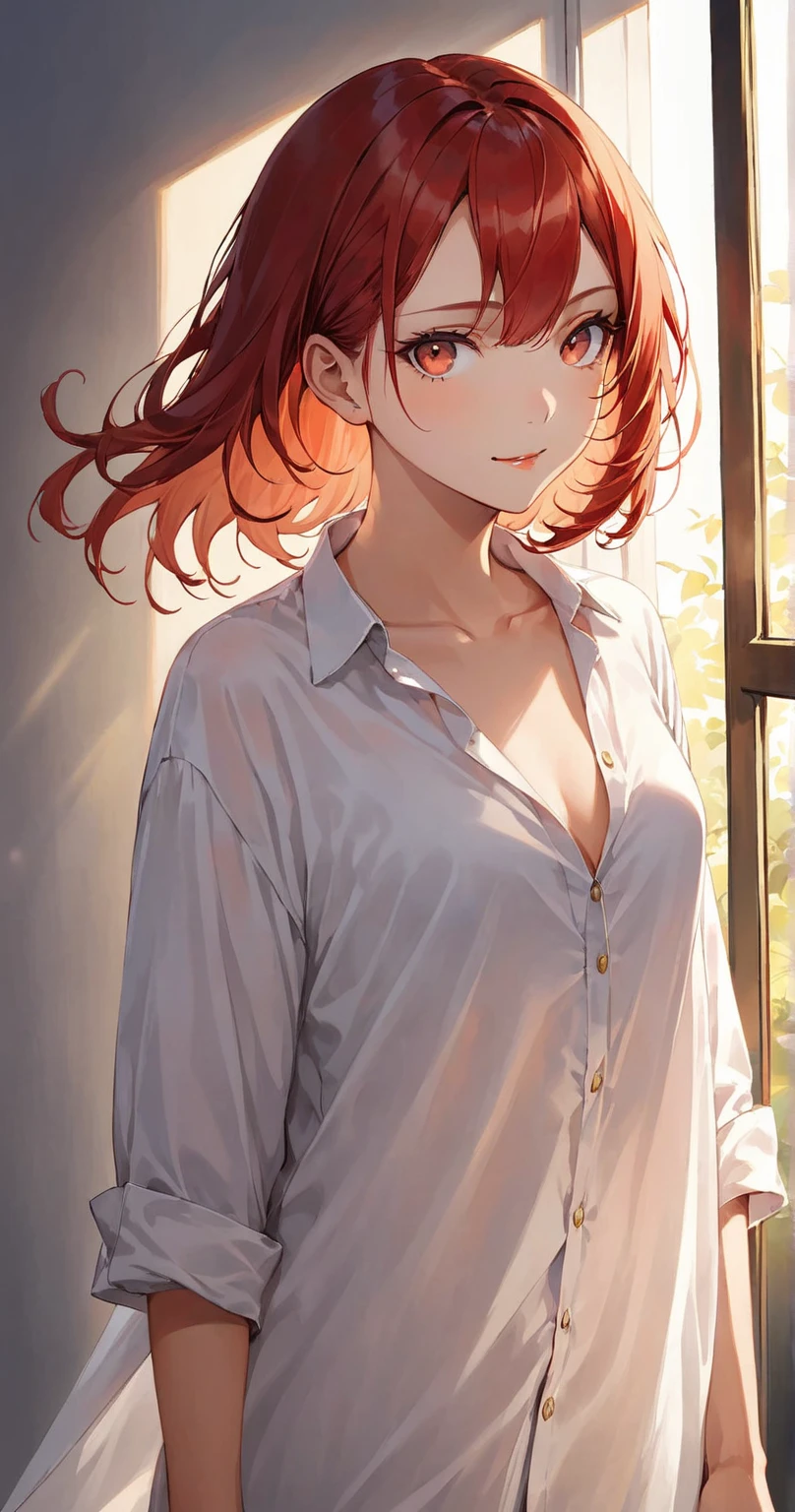 (Wet wetting of milk: 1.2) Portrait of redhead freckle teacher sitting on porch: white shirt with V-neck: 2], visible through white top T-shirt, slate atmosphere, cinematic, dim colors, dark shots, muted colors, film grainy, lut, insane details, complex details, ultra detail, close-up, dusk, ((nipple))