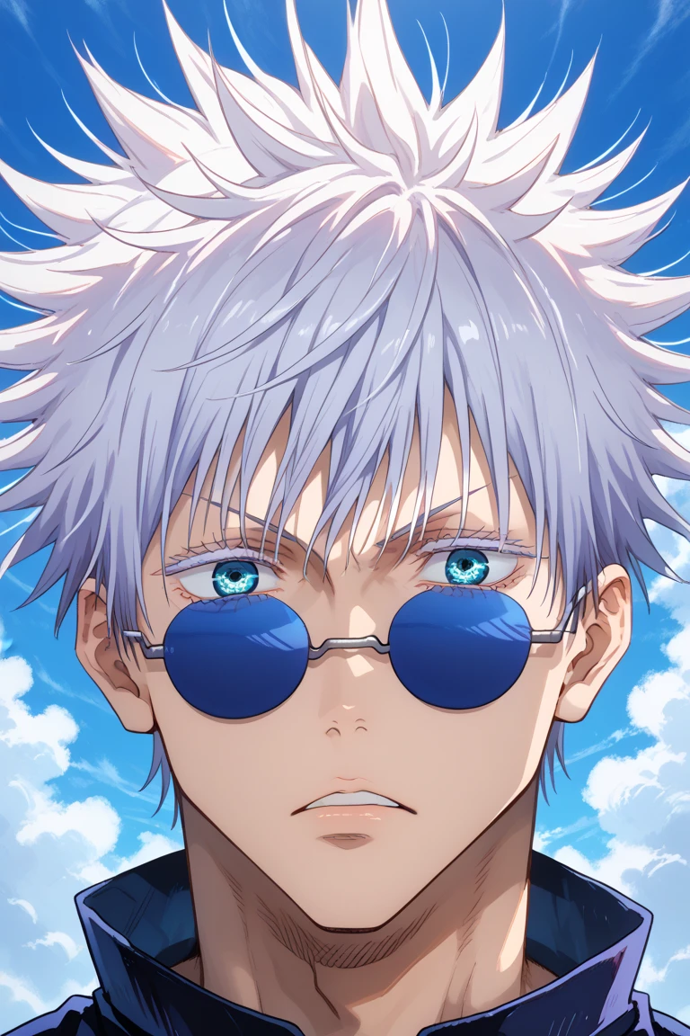 (1boy, gojou satoru, white hair, short hair, spiked hair, blue eyes, colored eyelashes, sunglasses, hair between eyes), Satoru Gojo levitating in the sky, he is charging the purple sphere made of pure energy, view from below, (jujutsu kaisen style)