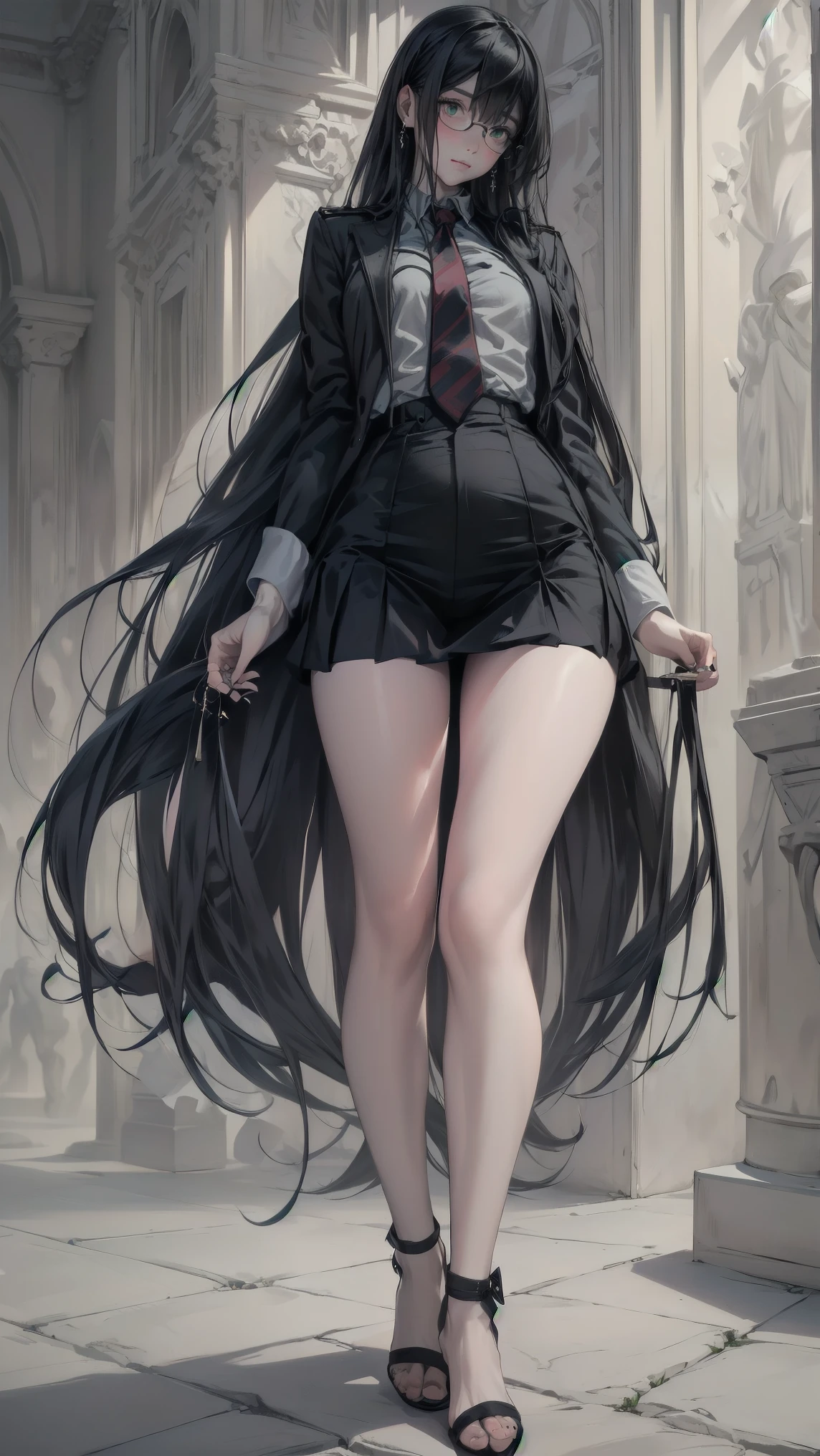 A highly detailed portrait of a young woman with proportional body, realistic fingers, natural facial features, anatomically accurate,visible skin pores, ultra high resolution, (full body image from head to toe:1.4),( intricate details),sunlight, Depth-of-field, from the side 1 girl , sitting ,( curvy body on the body), slim waist, Wide Hips , big thighs , long blade hair , green eyes, (dark school uniform),Black pleated mini skirt