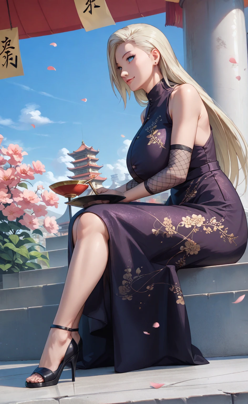 Ino_Yamanaka/Boruto, Platinum Blonde HAIR, Blue Eyes, LONG HAIR.

Score_10, Score_9, Score_8_up, Score_7_up, Score_6_up, Score_5_up, Score_4_up, Source_anime, Tag1, Tag2, Quality_masterpiece, Anatomically correct, Beautiful face, Perfect face, Highly detailed beautiful face and eyes, Attractive face, Detailed face, Delicate facial features, Gigantic Breasts, Huge Hips, Wide Ass, Hourglass Model Body. RAW photo, (Random shot, full body in frame, Side view focus, Dutch Angle), ((Asian adult female, one-person,) (traditional Chinese dress, one-piece, dark navy, long length, elegant, embroidered, decoration, fascinating,) random posing, stylish, cool, cute, sexy),  Sitting, Play Shamisen, Jade Dynasty Era.