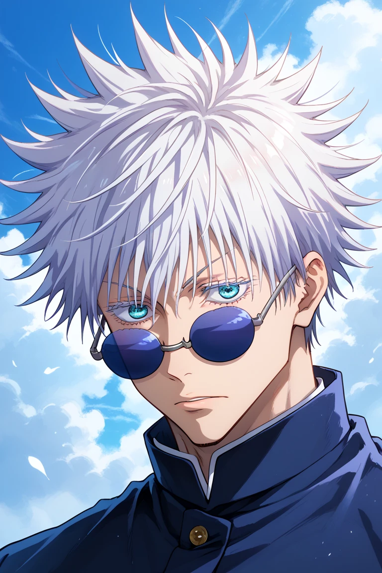 (1boy, gojou satoru, white hair, short hair, spiked hair, blue eyes, colored eyelashes, sunglasses, hair between eyes), Satoru Gojo levitating in the sky, he is charging the purple sphere made of pure energy, view from below, (jujutsu kaisen style), (full body)