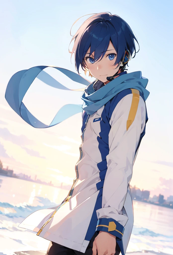 1boy,  kaito (vocaloid\), headset ,coat ,pants ,blue scarf, best quality, face focus, face zoom-in, soft light, ultra high resolution, detailed beautiful face, 