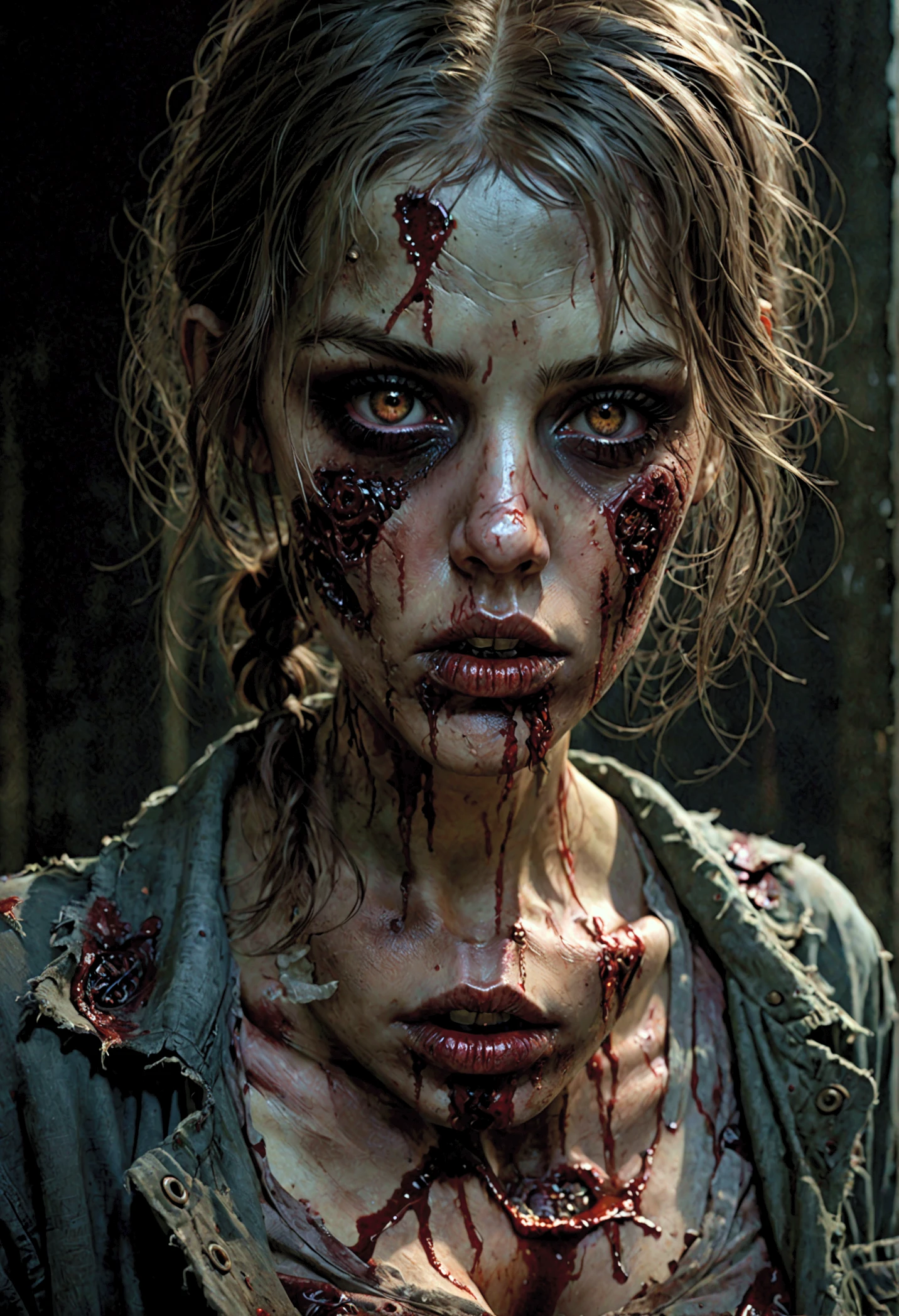 zombie, tattered ruined clothes, dead rotting skin on the face, dirty muddy hair, extremely detailed dried rotting peeling dead skin, malnourished woman, blind, wide angle, detailed environment, detailed background, highly detailed, intricate, detailed skin, natural colors, professionally color graded, photorealism, 8k, moody lighting, art by George Pfau