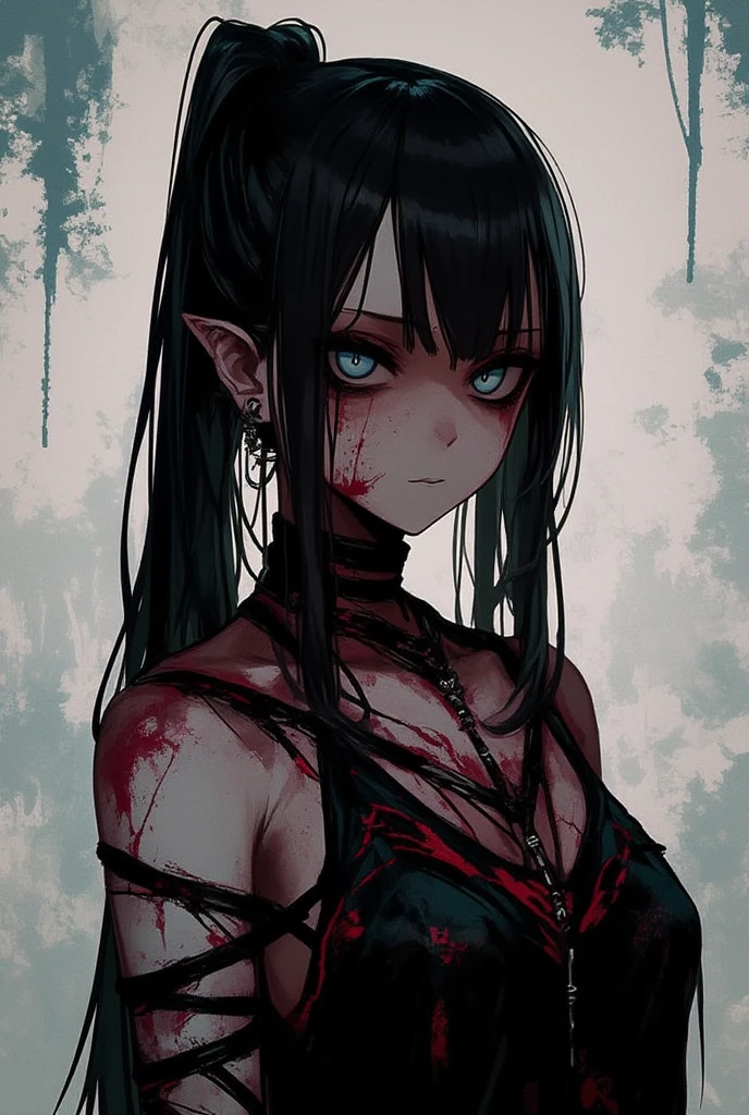 A very pal young girl humanoid 
character, with red eyes, her name is Cassie, 
she is crazy, nuts, with cuts and scraps, horror, 
she is creepy, she is scary, shock value, 
very evil, ill, she is skinny, evoke, fear, terror, 
dread, decay, disgust, she is a Psycho, dark, 
unattractively, unusually thin, thin, scraggly, 
emaciated, twisted, frightening, sick, 
dark background, long black_dress, gore, 
blood, solo, close up, (messy_long_white_hair), 
fog, evil eyes, she is flat, eyes glowing, 
dress fully covers her, she's nut, yelling, 
she's mad, she's furious, 
she's screaming out loud, showing teeth, 
mouth open wide, yelling at the camera, 
fire in the background, rage, sharp teeth, 
bloody mouth, vampire like, flat_chested, holding a sword