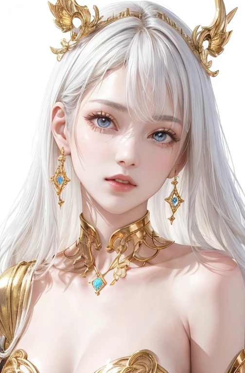 Best AI Image Generated Creator 、 tell me about 1 beautiful girl、(stunning face, detailed eyes and face, on),  full body,  big round eyes、Alone、 realistic,lips,masterpiece, best quality , excellent anatomy， skin texture 、  White Background 、 small breasts、BEAUTIFUL FANTASY QUEEN 、、 Golden Decorations 、White Hair、 long hair、Respect、Optics、Sparkling、 white tone 