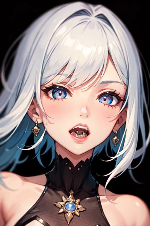 white hair, blue eyes, stick tongue out and cum in her mouth, face close up image