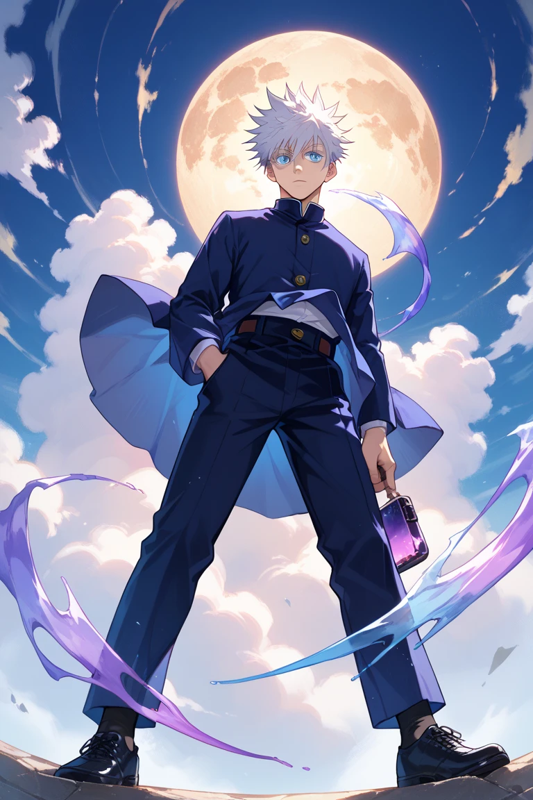 (1boy, gojou satoru, white hair, short hair, spiked hair, blue eyes, colored eyelashes, sunglasses, hair between eyes), Satoru Gojo levitating in the middle of the sky, he is charging the purple sphere made of pure energy, view from below, (jujutsu kaisen style), (full body)