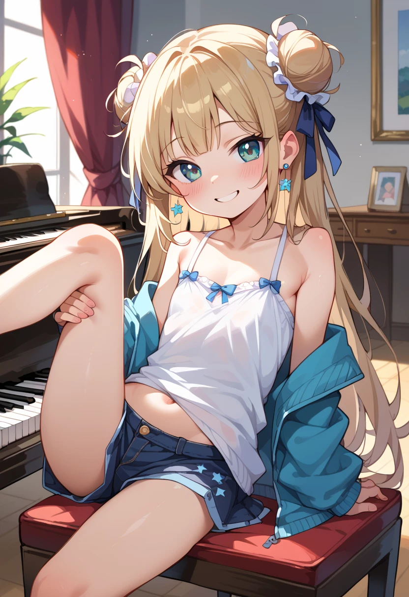 (( best quality )), ((masterpiece)), (be familiar with),  Perfect Face, indoor, bedroom,  Watching Viewers ,
One woman, I was,
開いた口,  ecstatic expression beside the piano, blush, smile,
 small tits,  flat chest, Young girl, Lori,  s,  girl,
 long hair,  twin bun hair ,
Leg spread,