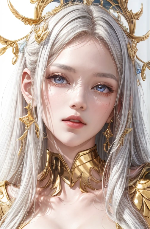 Best AI Image Generated Creator 、 tell me about 1 beautiful girl、(stunning face, detailed eyes and face, on),  full body,  big round eyes、Alone、 realistic,lips,masterpiece, best quality , excellent anatomy， skin texture 、  White Background 、 small breasts、BEAUTIFUL FANTASY QUEEN 、、 Golden Decorations 、White Hair、 long hair、Respect、Optics、Sparkling、 white tone 