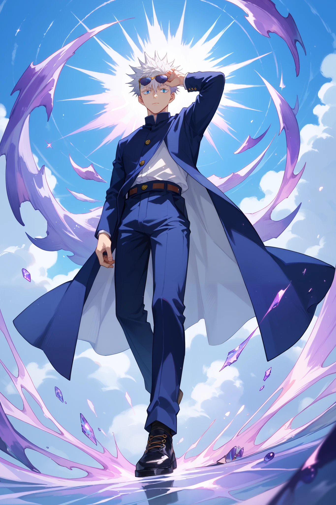 (1boy, gojou satoru, white hair, short hair, spiked hair, blue eyes, colored eyelashes, sunglasses, hair between eyes), Satoru Gojo levitating in the middle of the sky, he is charging the purple sphere made of pure energy, view from below, (jujutsu kaisen style), (full body)