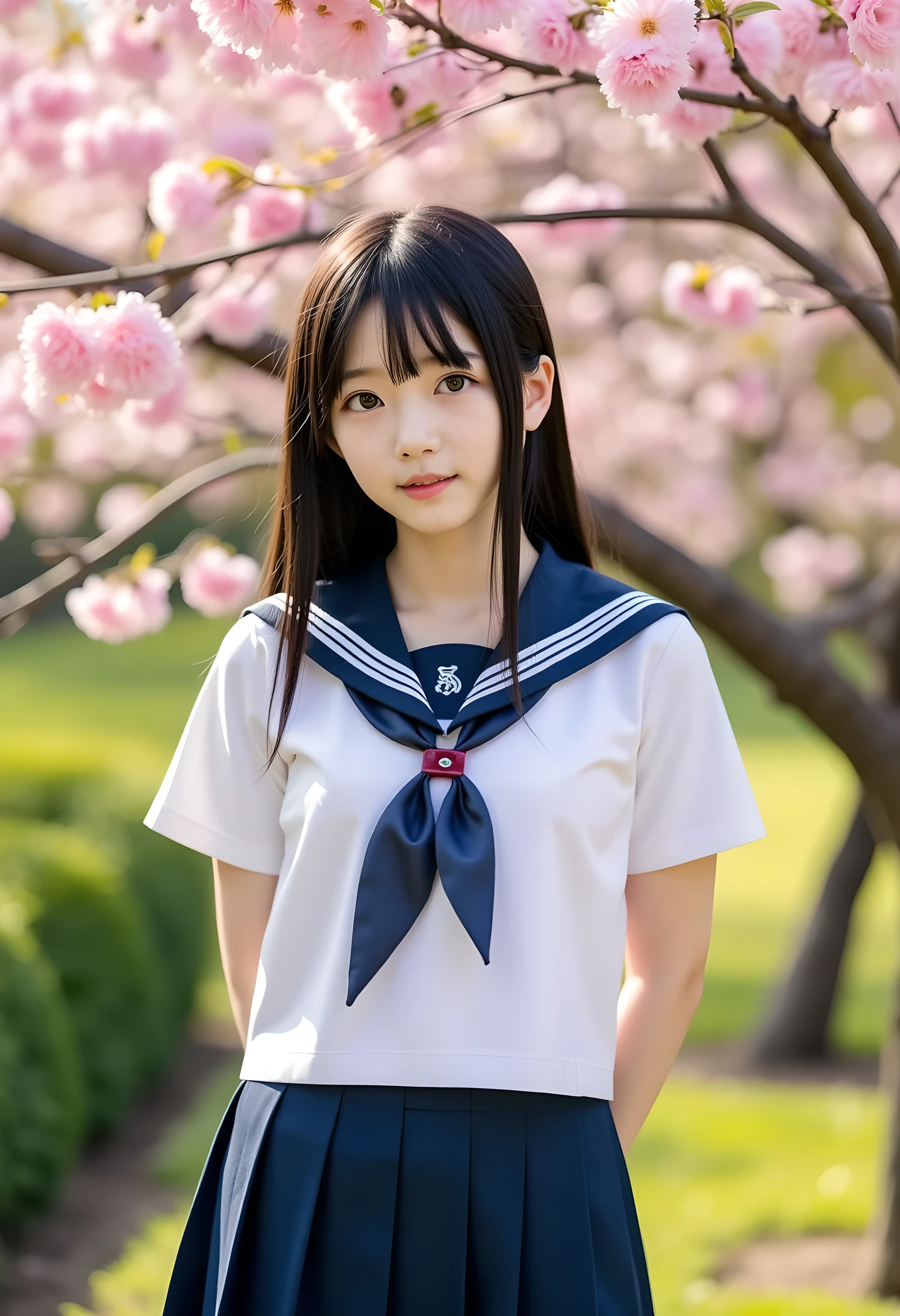 a beautiful Japanese schoolgirl in a sailor uniform, 1girl, long dark hair, bright blue eyes, detailed face, cute expression, school uniform with sailor collar and skirt, pleated skirt, standing in a garden, sakura trees, sunlight, warm colors, photorealistic, 8k, ultra-detailed, masterpiece, elegant, atmospheric, natural lighting