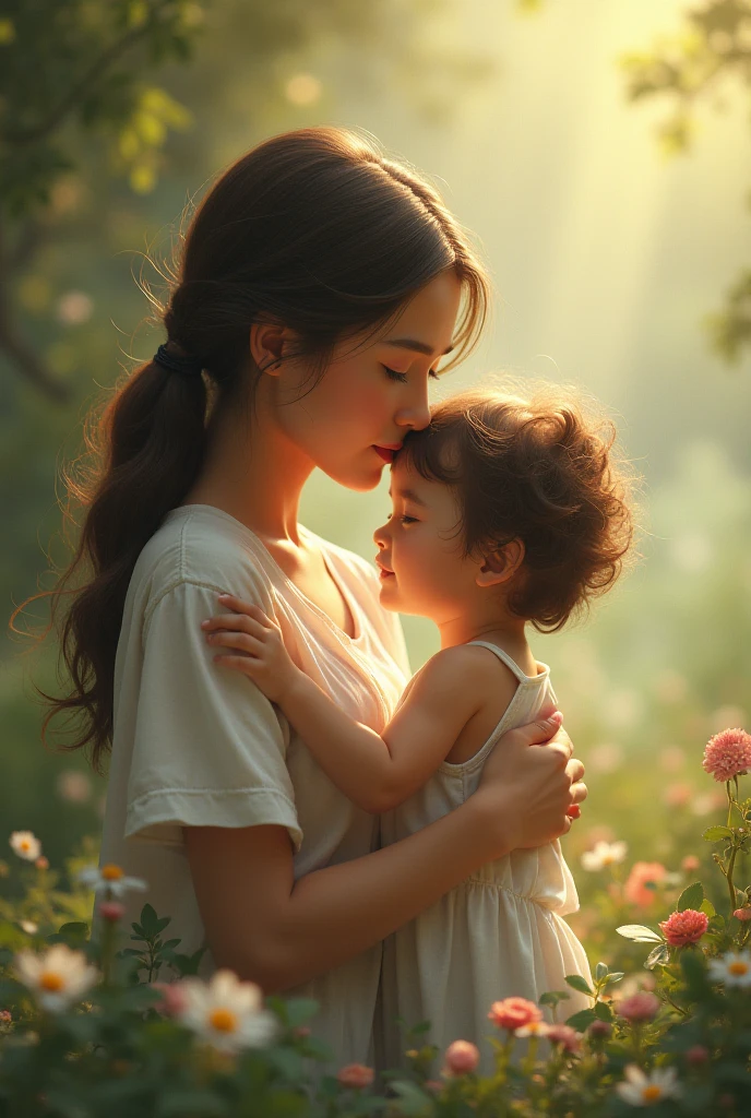 The Chinese mother held her in her arms, Her lips kiss the child's cheek, Warm pictures, illustration, Flat style--Automatic
