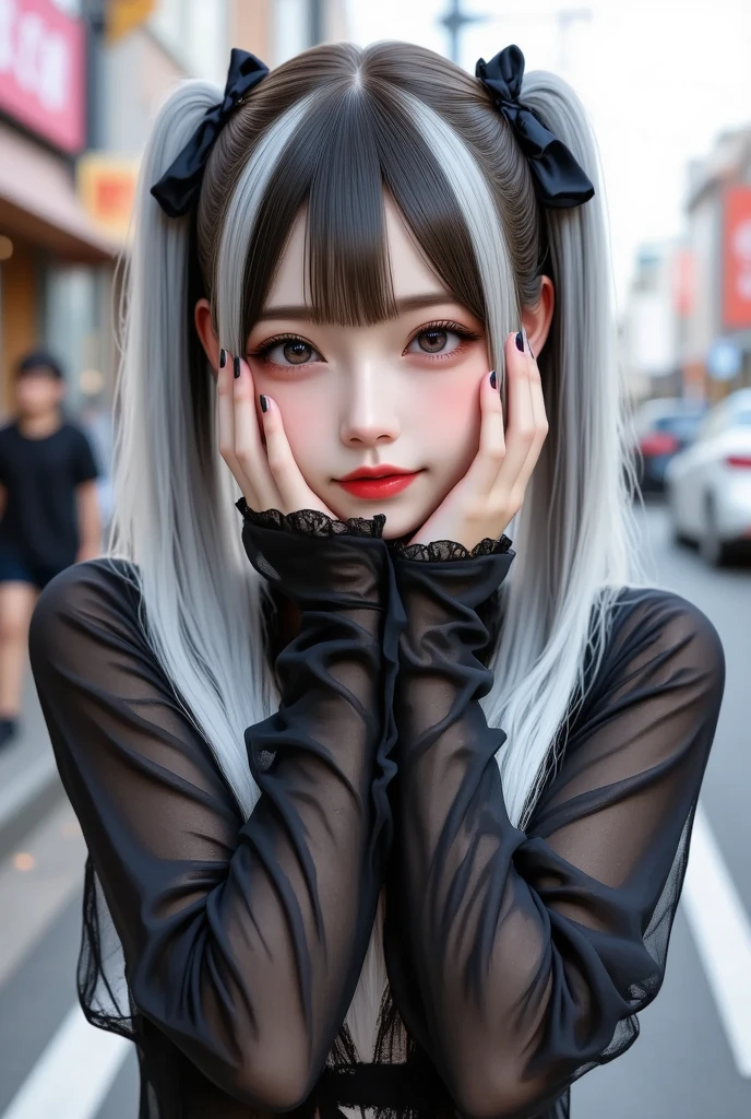 She is a visually striking Japanese gal,1girl\(hairstyle\((Smooth multi-colored twin tails,silver color and black color), straight bangs cut evenly across the forehead, and the hair is center-parted,primarily silver color hair with a metallic sheen interwoven,(with black highlights),It is adorned with decorative ribbons and gothic-style accessories, enhancing its gothic lolita aesthetic,The ends of the hair have soft curls, and the texture is rendered with detailed, ultra-realistic precision\),covering face both hand,smile,piercing in mouth,Transparent white skin\),her posing on the sidewalk of a busy street in Japan,feel a bewitching and sexy atmosphere from her,photorealistic,portrait,