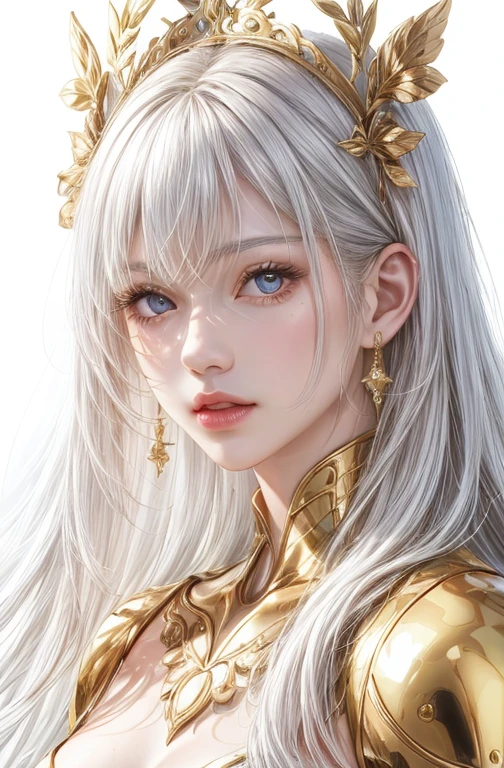 Best AI Image Generated Creator 、 tell me about 1 beautiful girl、(stunning face, detailed eyes and face, on),  full body,  big round eyes、Alone、 realistic,lips,masterpiece, best quality , excellent anatomy， skin texture 、  White Background 、 small breasts、BEAUTIFUL FANTASY QUEEN 、、 Golden Decorations 、White Hair、 long hair、Respect、Optics、Sparkling、 white tone 