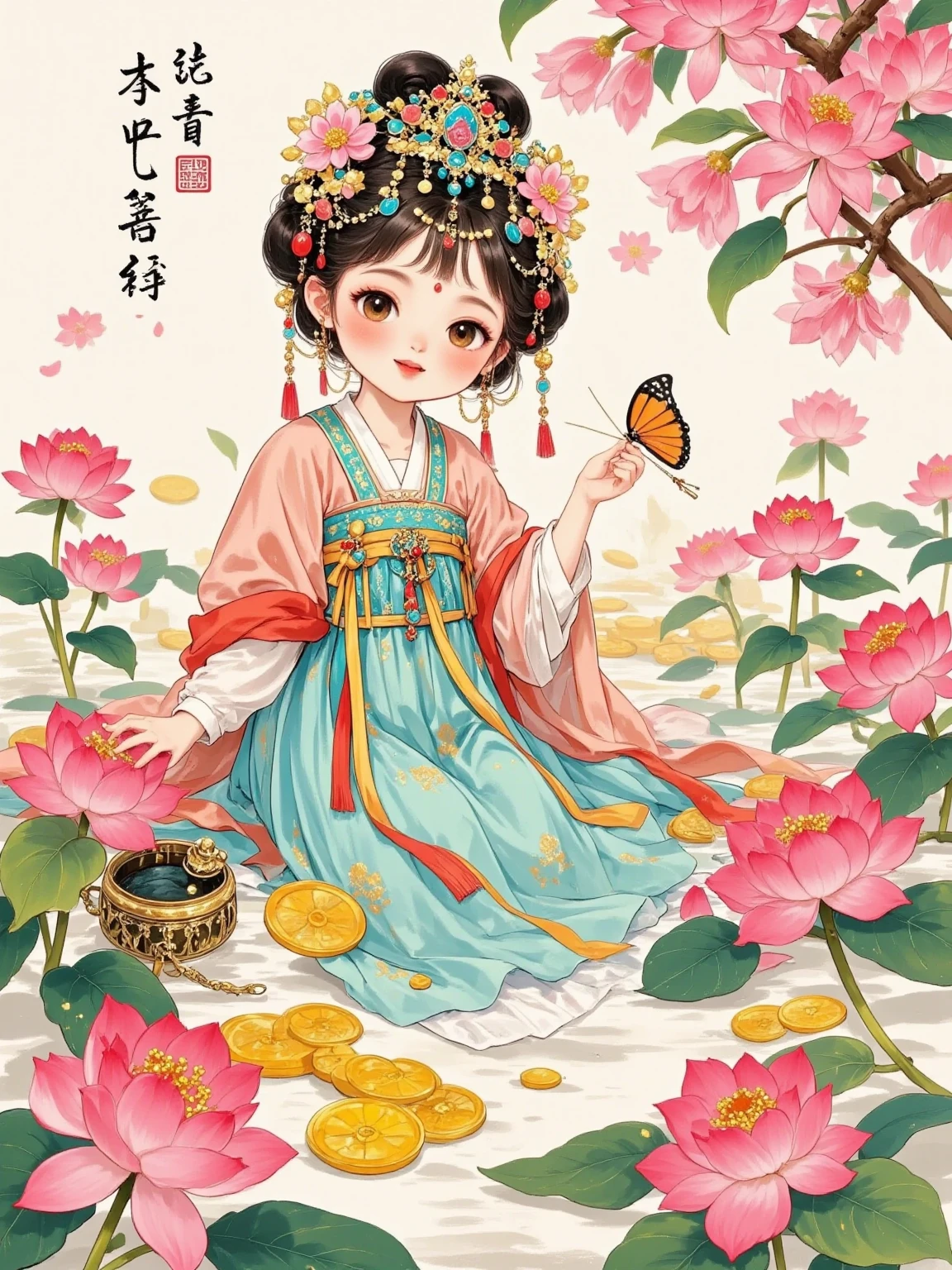 Watercolor, large surface blending, gradient, fairy tale illustration, solid color background, cute, mature, Chinese style, gorgeous, elegant, full of creativity, temptation, chivalric girl, sexy, charming, full body portrait, minimalist, unified overall tone, art , Premium, Poster Design