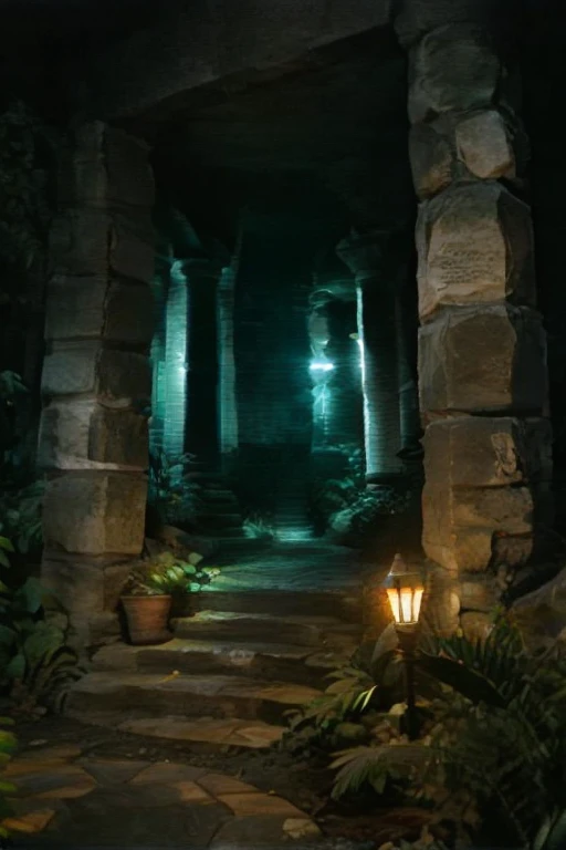 Walkways of Atlantis, rock pillars, cobblestone staircase, night, bioluminescent plants, crt tv