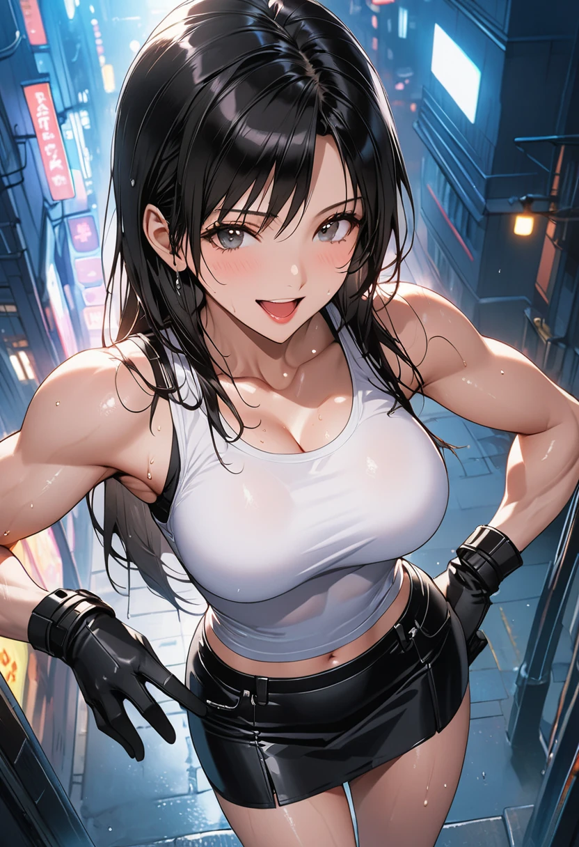 masterpiece, Best Quality, High resolution,16k,official art,super detailed skin,detailed,animated painting, (Tifa Lockhart:1.3),1990s \(style\),(white tanktop,black mini skirt,black glove:1.3)、(G-cup beautiful breasts)、clevage, (tall:1.3),height: 170cm,Fashion model body type、Sweating all over the body、vapor、(Muscular:1.4)、abdominal muscle,(sexy),nsfw,Sweaty、Configuration from the front、from above,happy,big laugh,Ahegao、Anime-style painting style,black hair,long hair,Close up on full body,Cinematic lighting,Superfine,in the city,night,winter,cyberpunk,(sexy),extreme closeup,hands up high