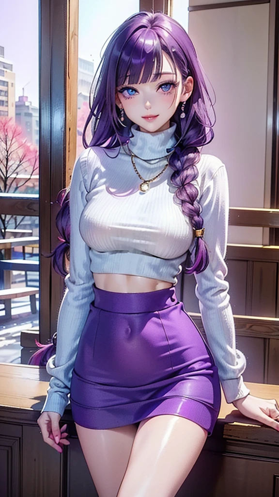 huge breast. excellent breast, masterpiece,ultra realistic,32k,extremely detailed CG unity 8k wallpaper, best quality, masterpiece,ultra realistic,32k,extremely detailed CG unity 8k wallpaper, best quality,(winter day ),lady ,necklace ,eardrop, Grand Canyon, United States, ( Orchid Pair a fitted turtleneck sweater with wide-leg pants and loafers. ) , Purple hair